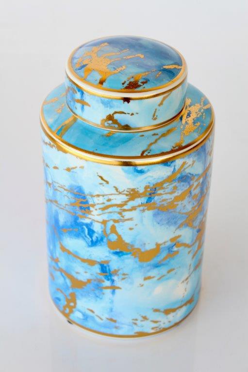 Blue & Gold Marbled Jar With Lid